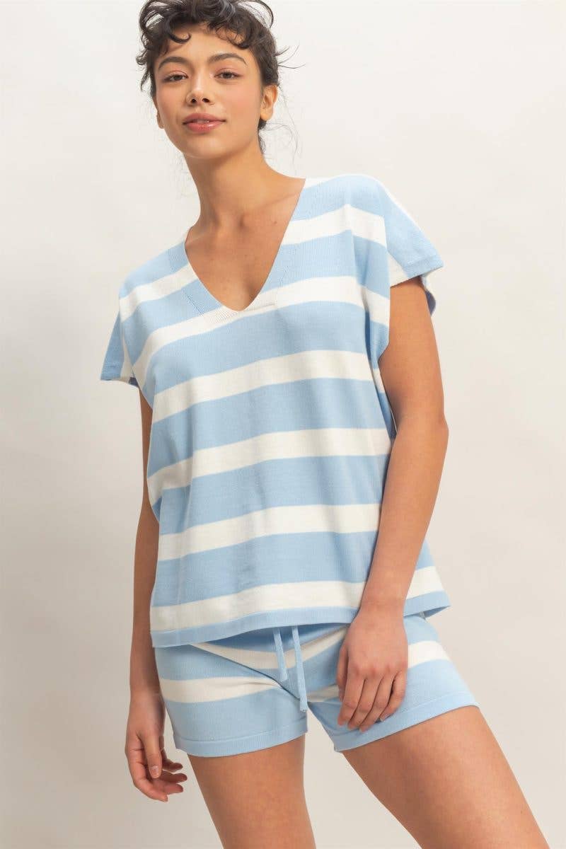 V-neck Top N Striped Shorts Set