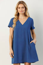 CD1565-AIRFLOW V-NECK SHORT SLEEVE SHIFT DRESS