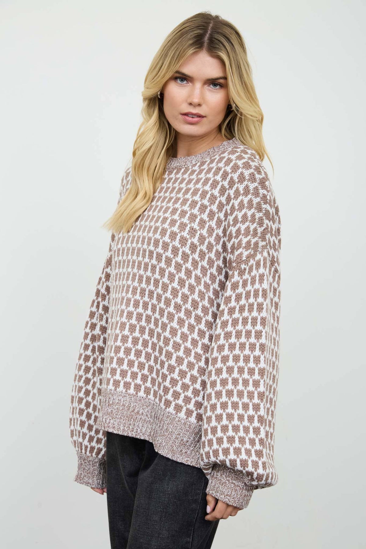 MARLED TRIM GEOMETRIC PATTERN RELAXED SWEATER
