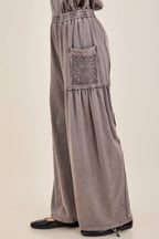 Mineral Washed Boho Trim Patched Pockets Pants HP7542
