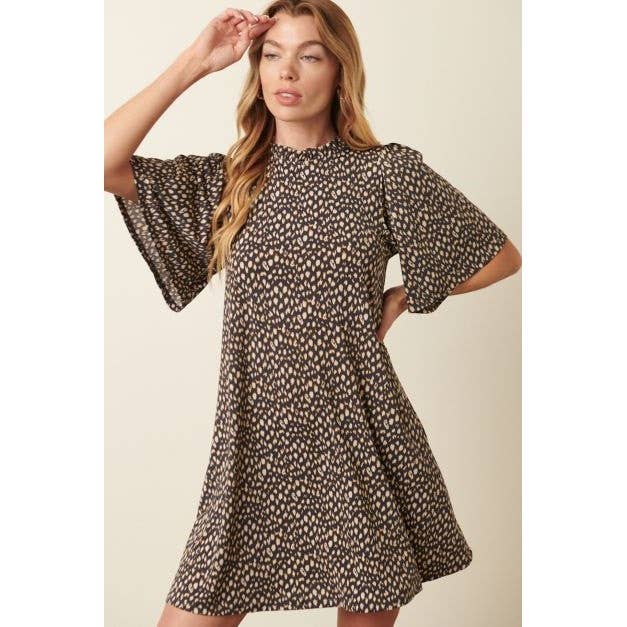 ANIMAL PRINT RUFFLE MOCK NECK MINI DRESS