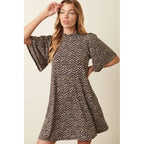 ANIMAL PRINT RUFFLE MOCK NECK MINI DRESS