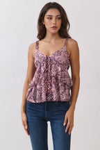 LC57254P - PRINT RUFFLE FRONT BOW TIE FRILL CAMI TOP