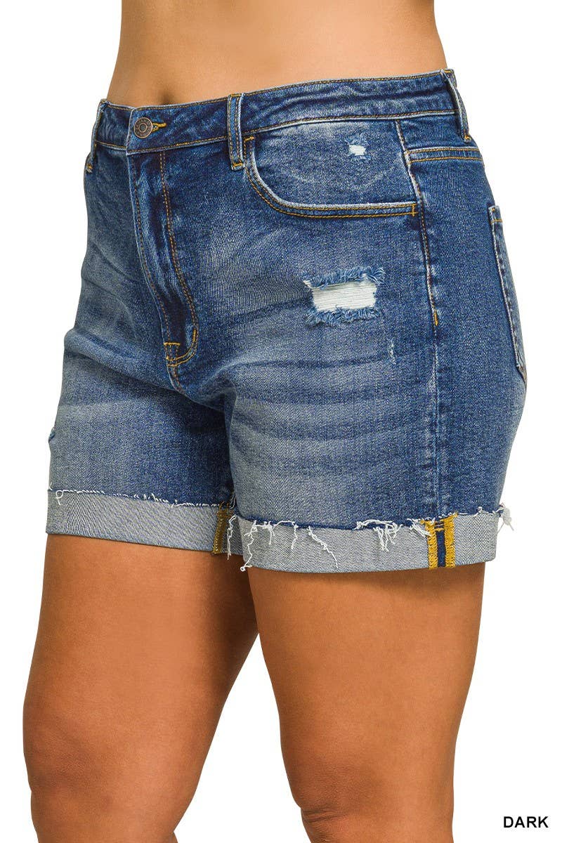 Plus Distressed Cuffed Raw Hem Denim Shorts