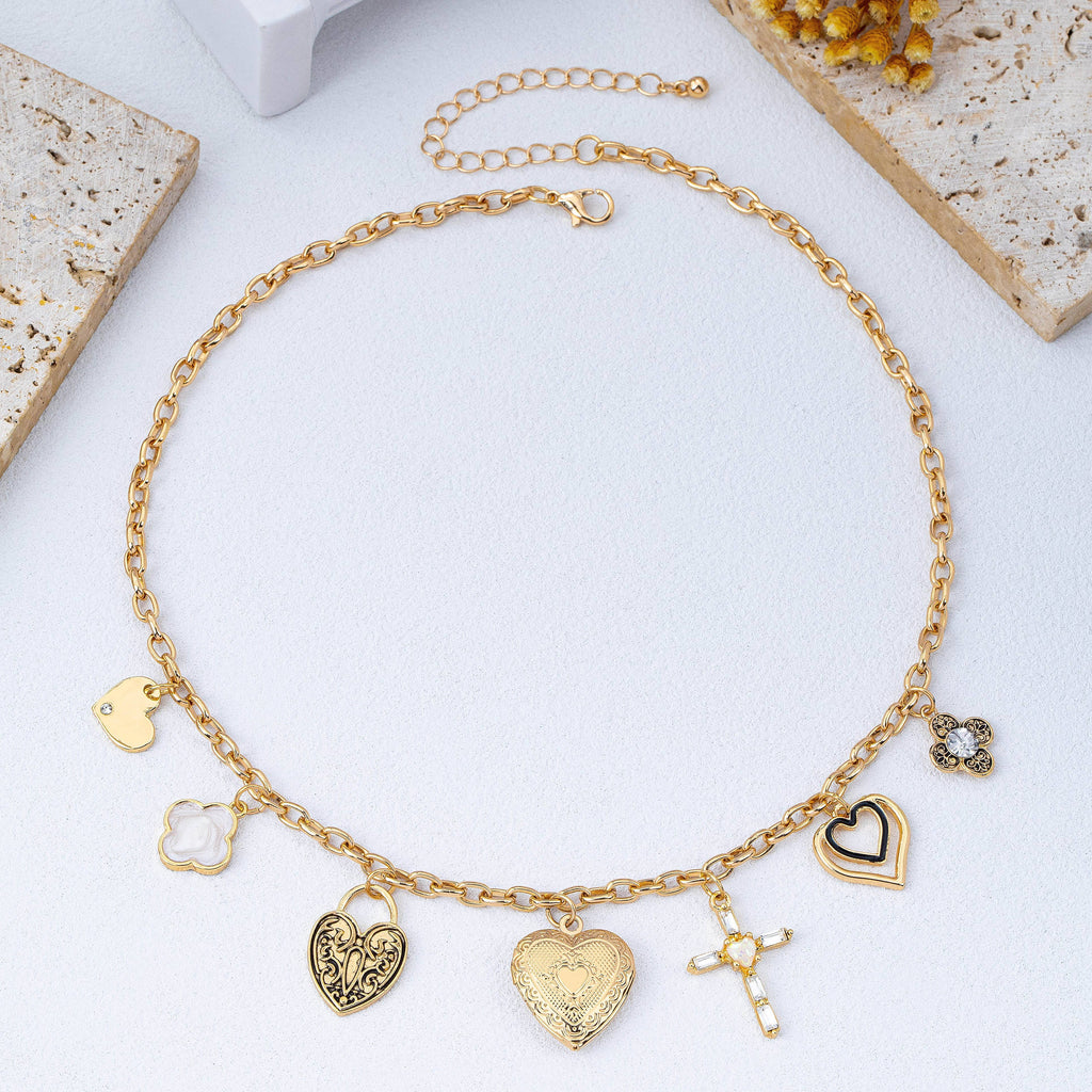 Antique Heart Locket & Cross Multi-Charm Necklace | 80N93116