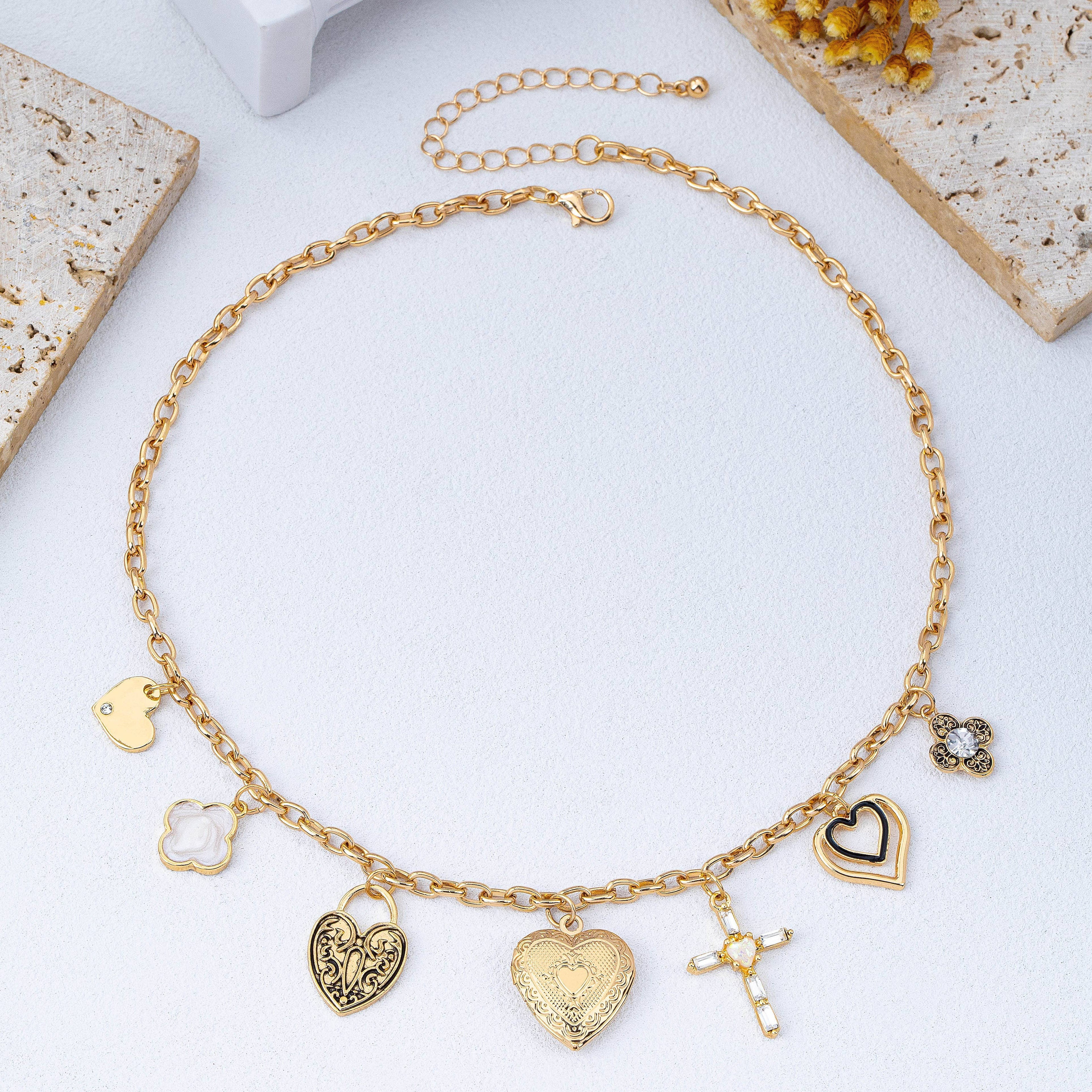 Antique Heart Locket & Cross Multi-Charm Necklace | 80N93116