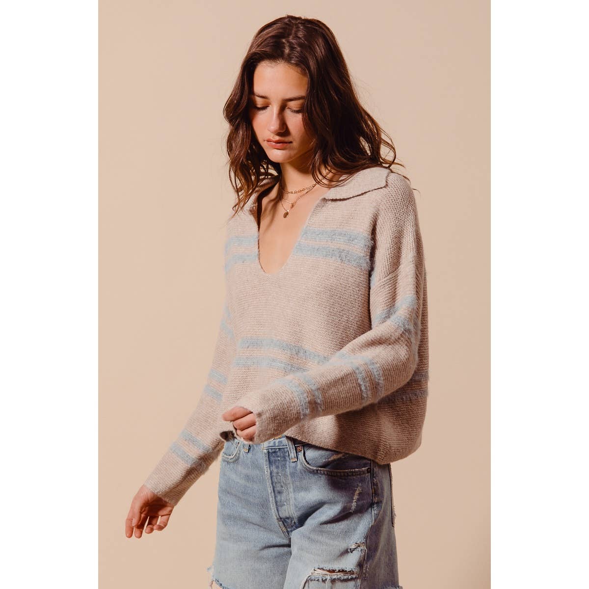 FUZZY HAIRY STRIPE DEEP U NECK SWEATER TOP