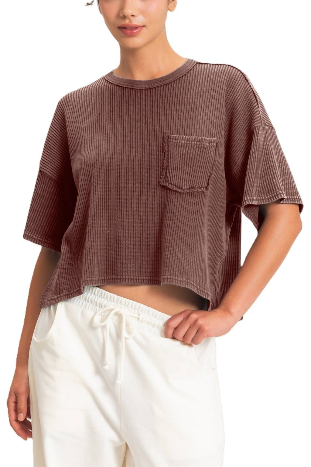 Mineral Wash Waffle Knit Pocket Top
