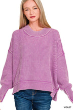 Washed Side Slit Oversized Cropped Sweater