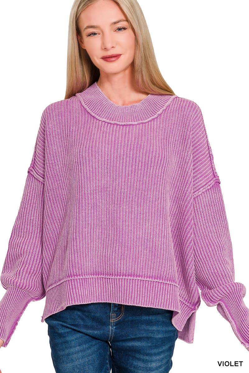 Washed Side Slit Oversized Cropped Sweater