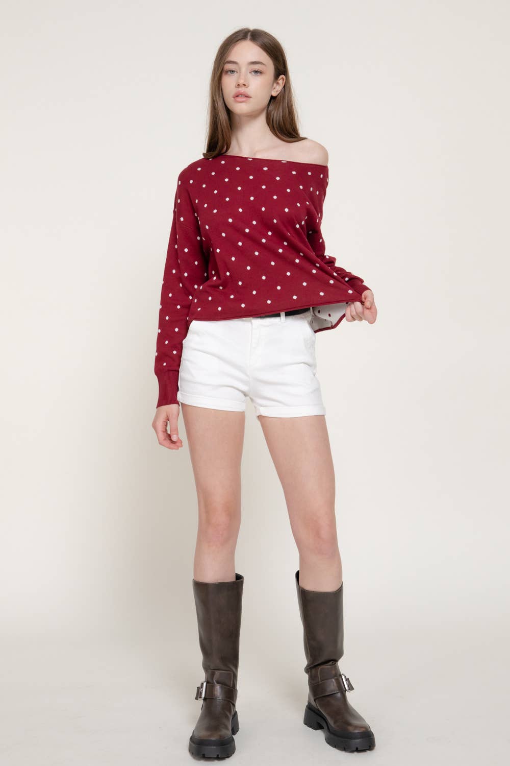 Long Sleeve Asymmetrical Off The Shoulder Dot Sweater Top
