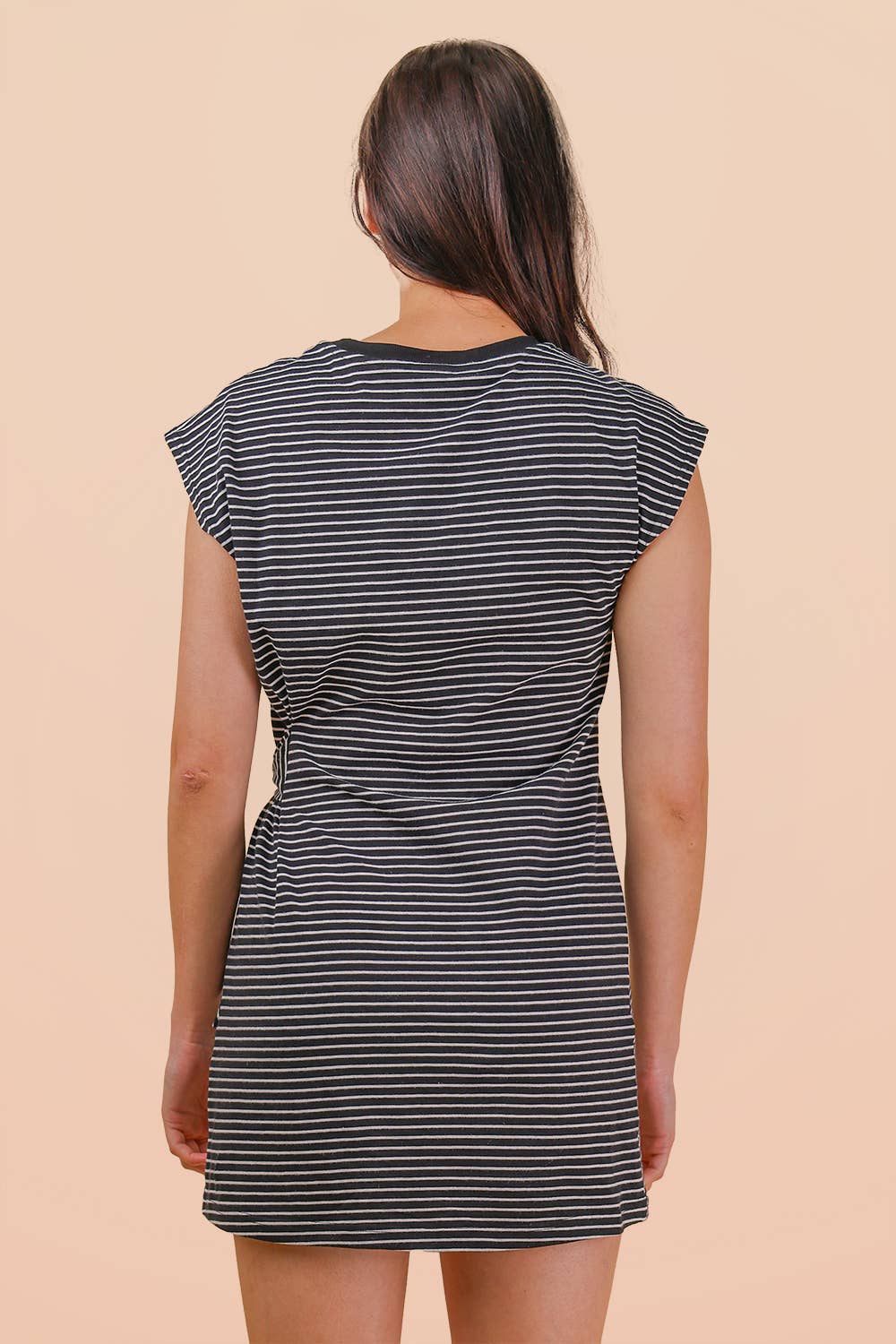 ND31733-Stripe Knit Sleeveless Mini Dress W/ Tie Detail
