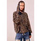 LEOPARD PRINT WAFFLE HALF ZIP UP HOODIE W POCKET