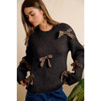 LEOPARD BOW ACCENT SOFT KNIT PULLOVER SWEATER