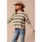 STRIPE CABLE KNIT SWEATER TOP WITH SIDE SLITS