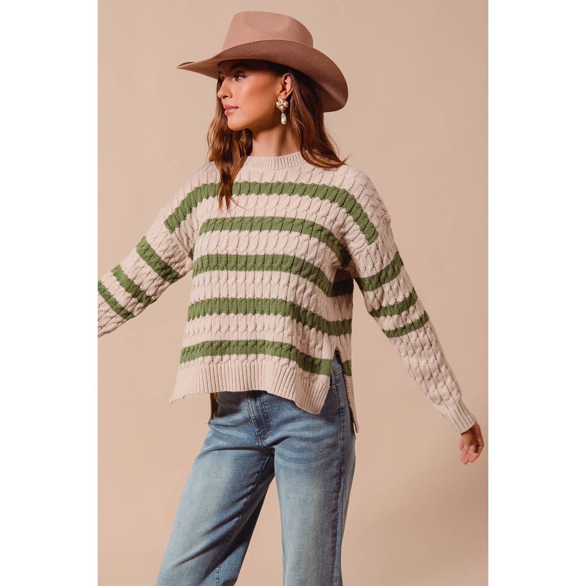 STRIPE CABLE KNIT SWEATER TOP WITH SIDE SLITS