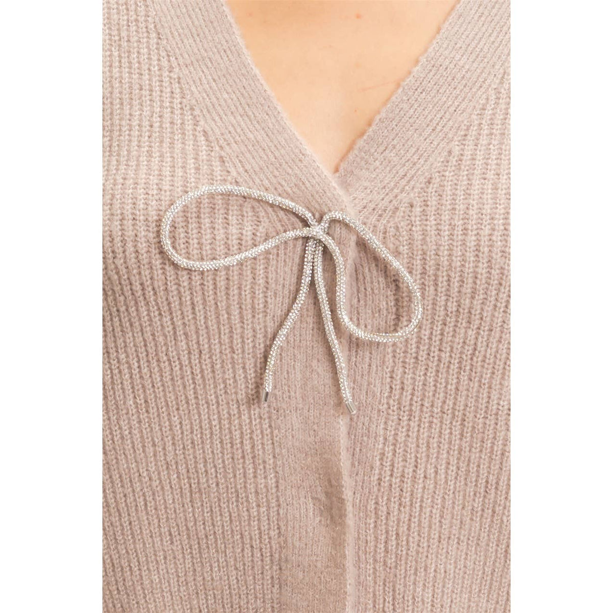Rhinestone Bow Tie-Front Sweater