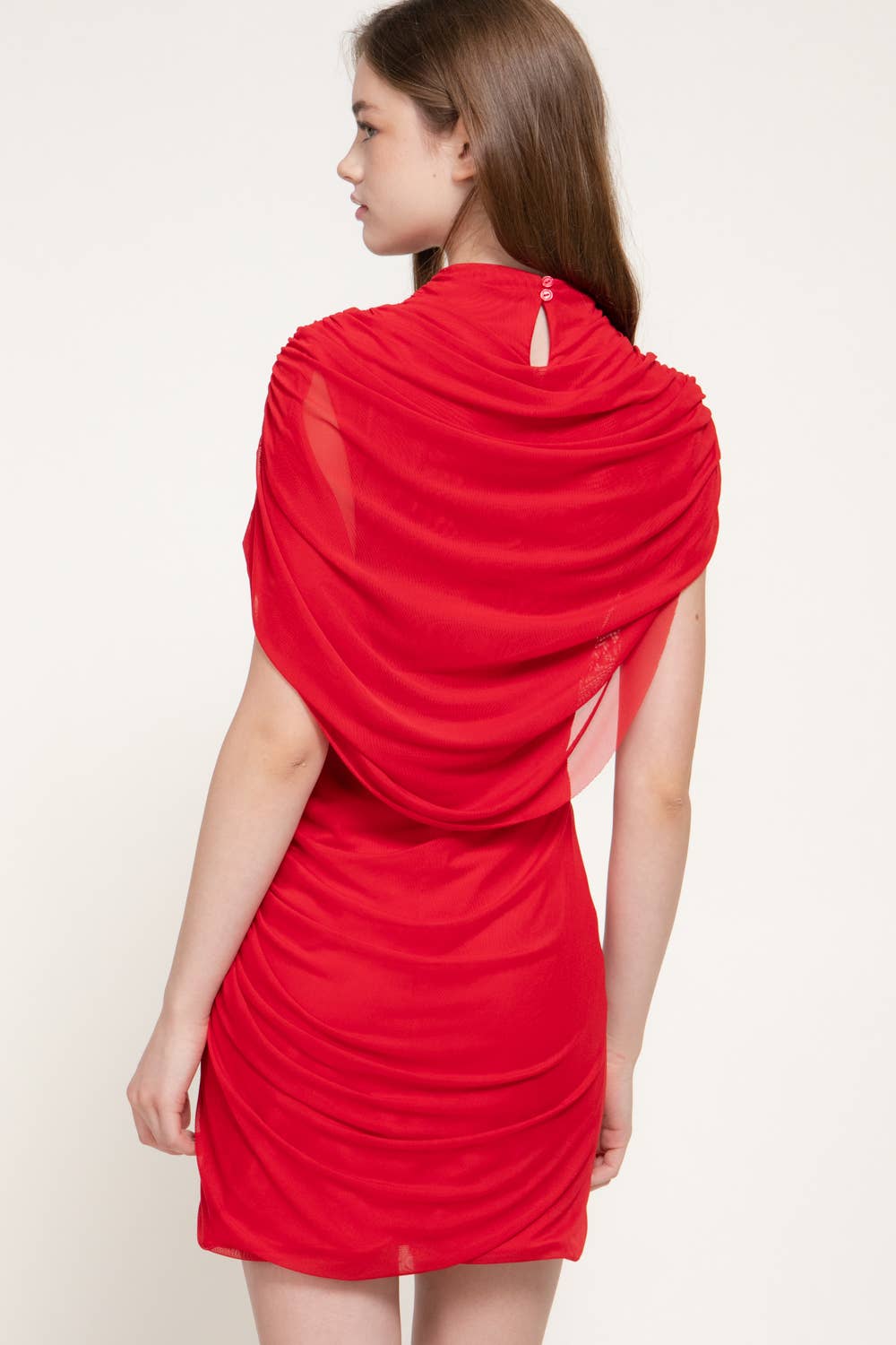 High Neck Shoulder Drape Mesh Mini Dress