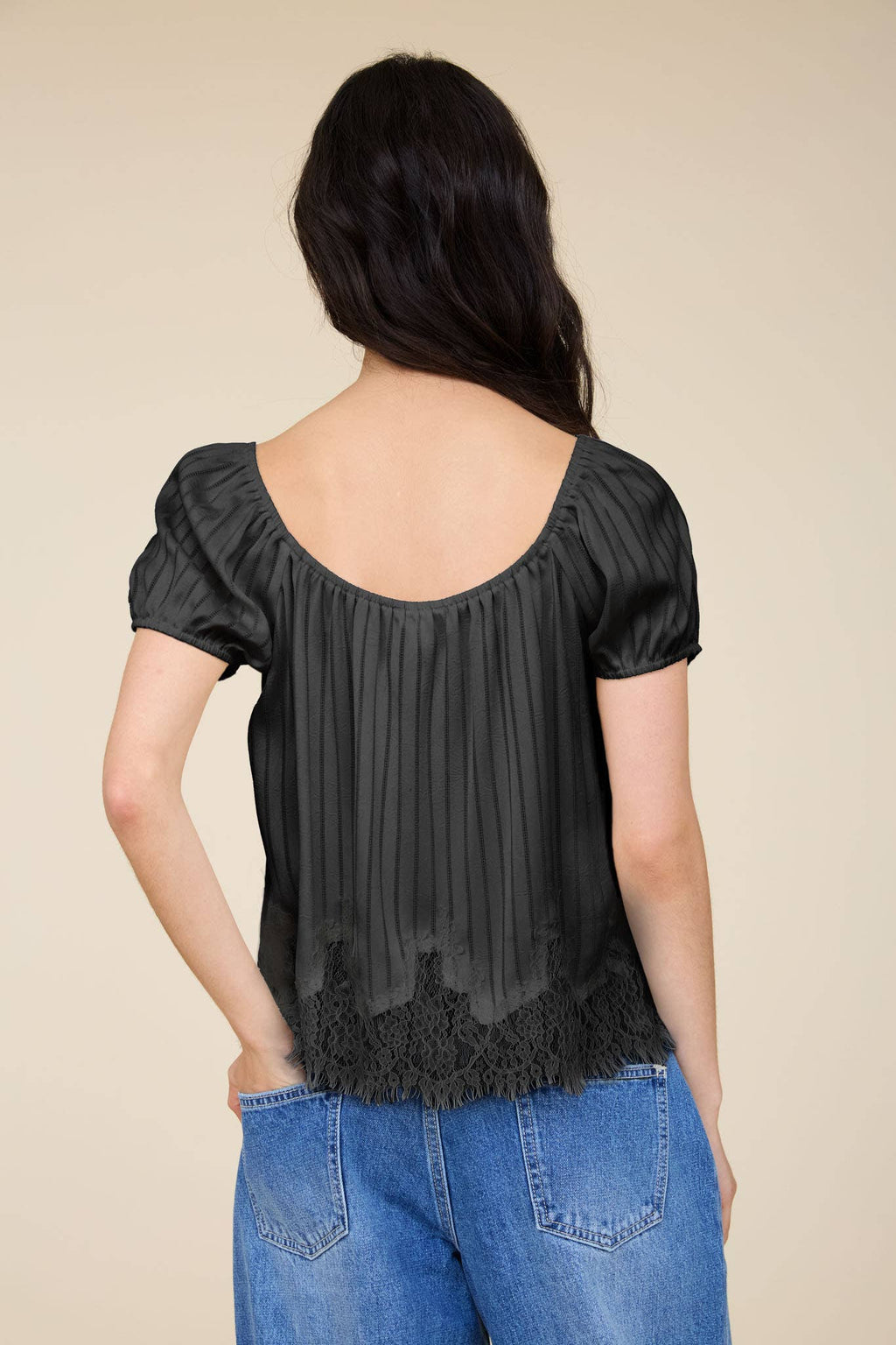 PINSTRIPE FRONT TIE LACE HEM SHORT PUFF SLEEVE TOP