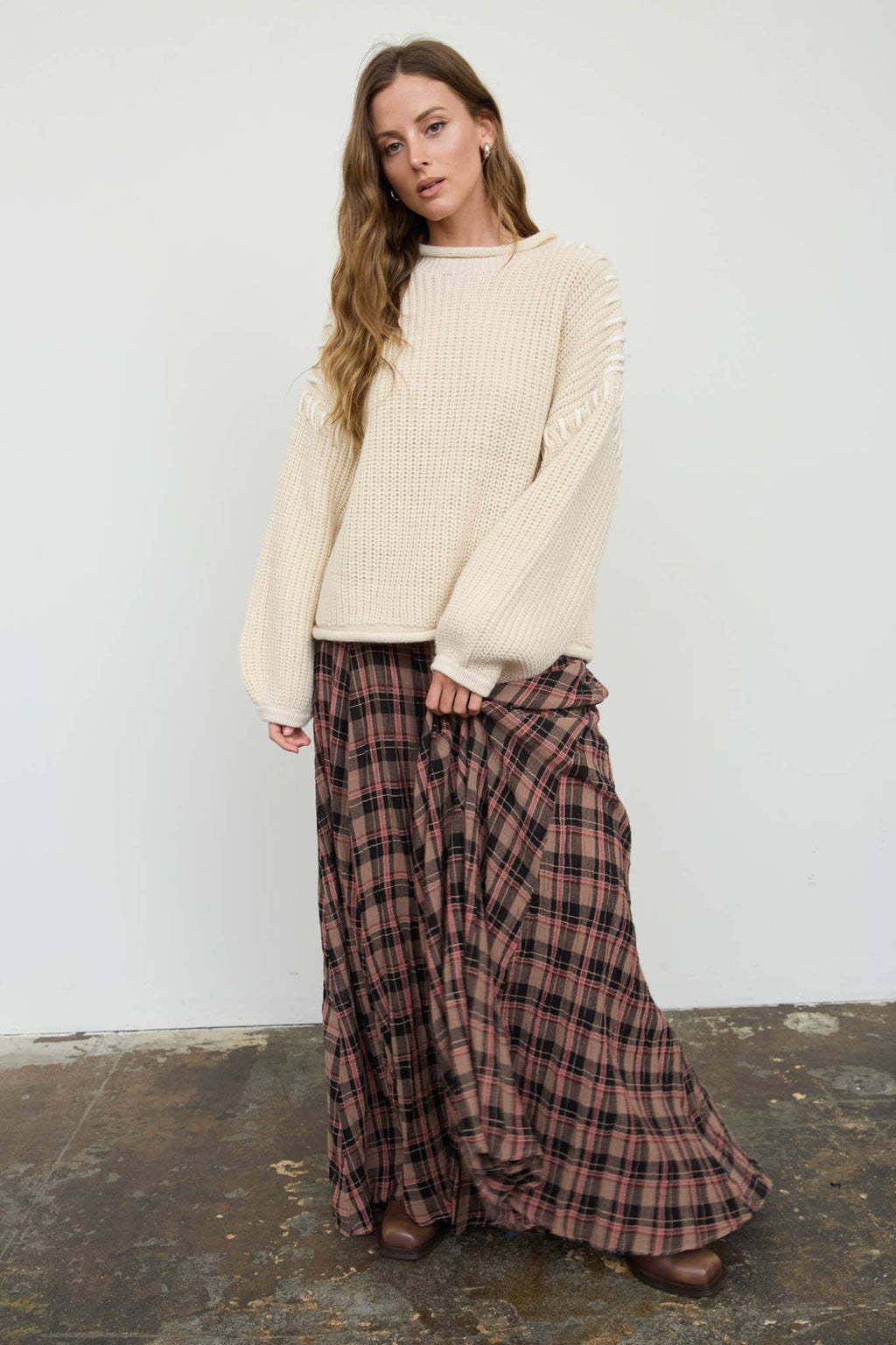 CONTRAST STITCH DETAIL MOCK NECK CHUNKY SWEATER