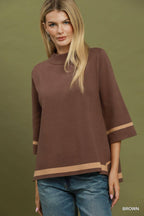 Contrast Trim Mock Neck 3/4 Sleeve Knit Top