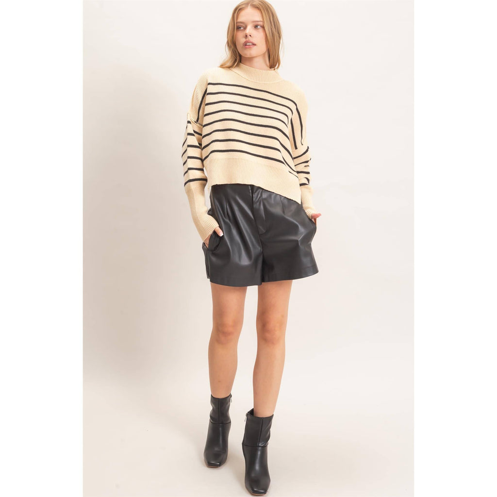 Striped Mock Neck Cropped Sweater