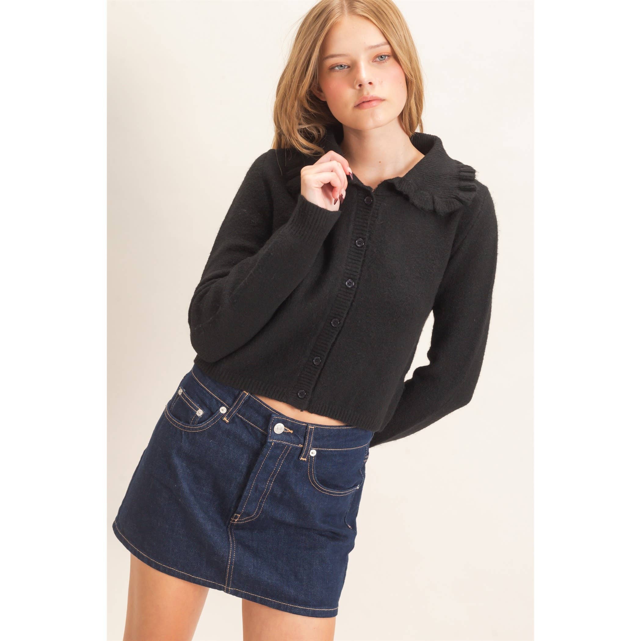 Ruffled Collar Knit Cardigan