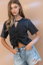 32154T - Washed Cut Out V Tunnel Cinch Tie Front Studded Tee