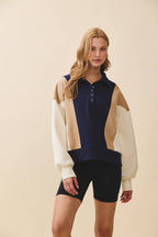 9161HK Collared Colorblock Henley Pullover Sweatshirt