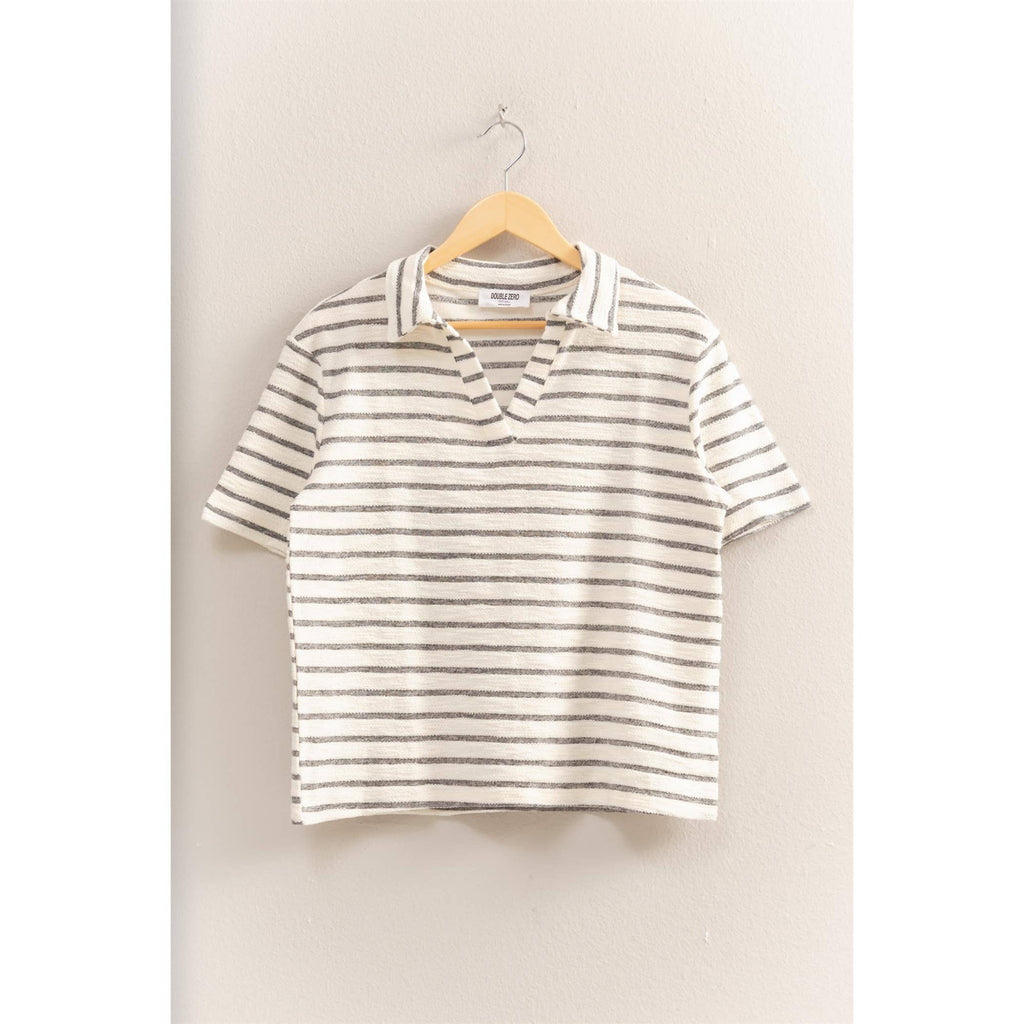 Striped Polo Neck Short Sleeve Top
