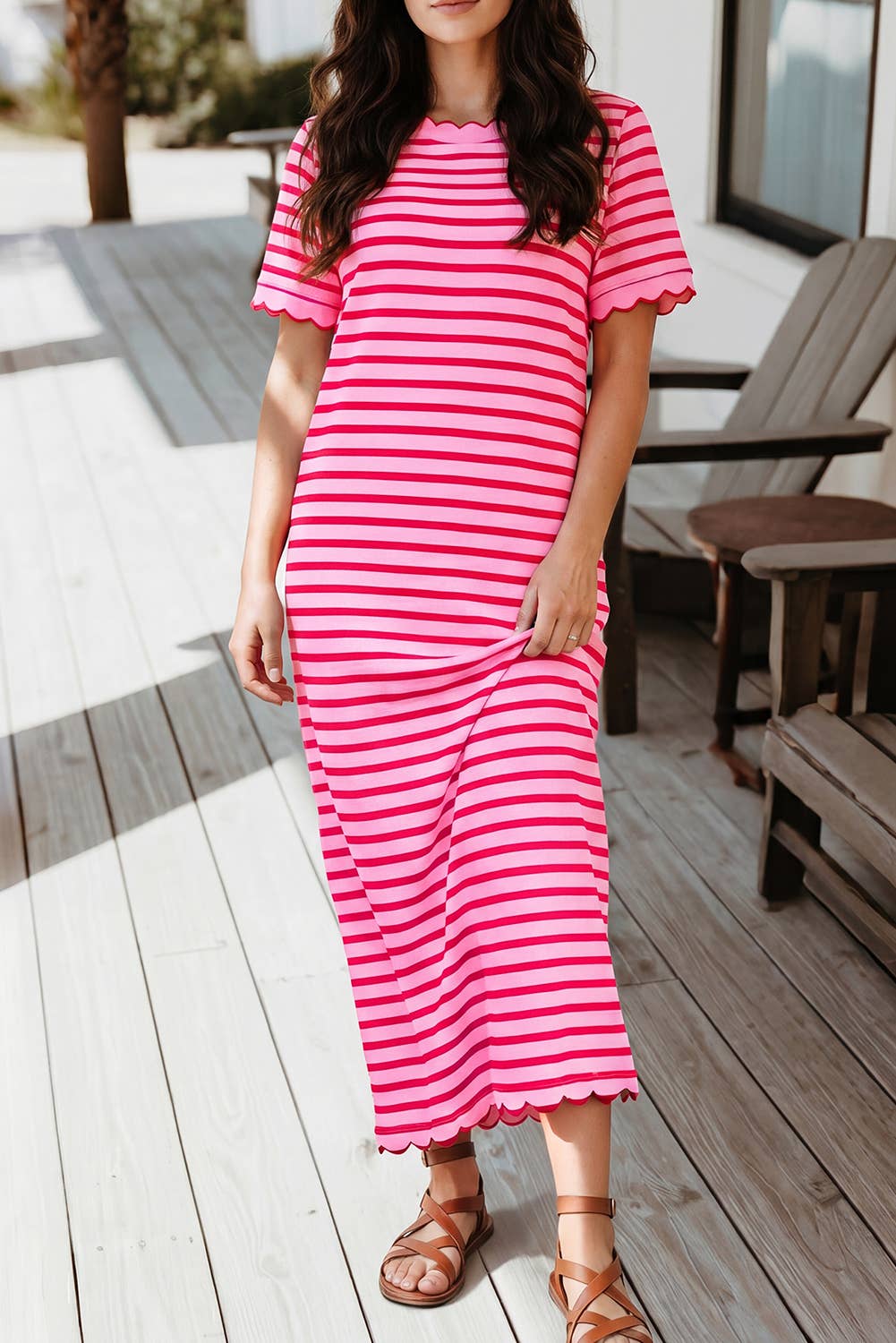 Striped Short Sleeve Scalloped Trim Side Slit Dress (S-XL)