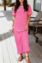 Striped Short Sleeve Scalloped Trim Side Slit Dress (S-XL)