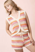 Multi Color Stripe Knit Sweater Top N Shorts Set