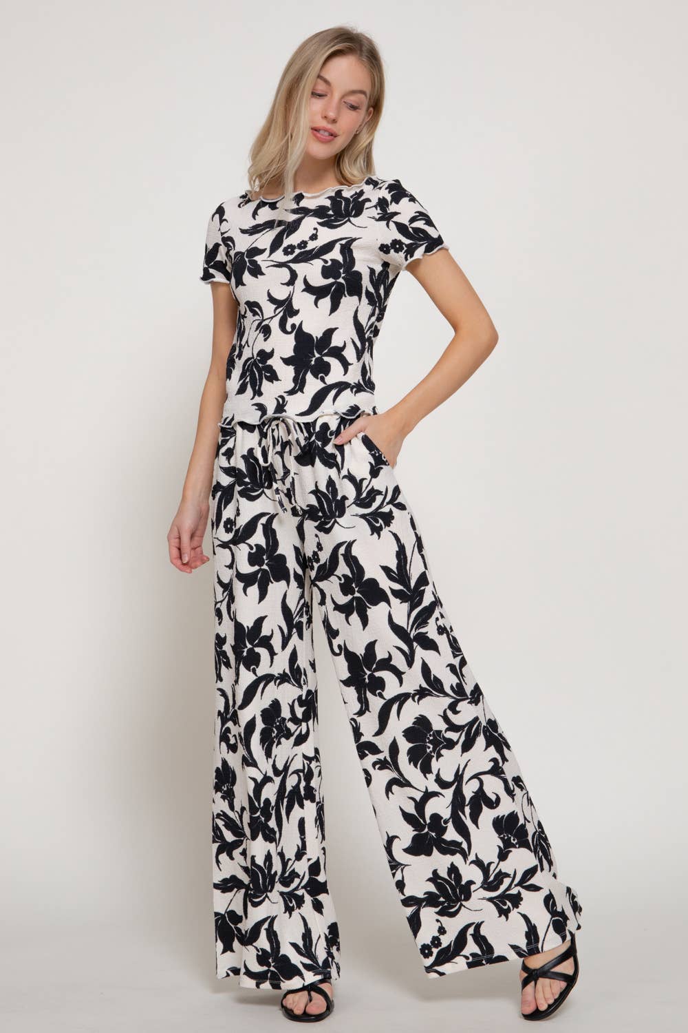 Print Texture Knit Short Sleeve Top & Waist Band Pants Set