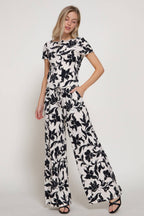 Print Texture Knit Short Sleeve Top & Waist Band Pants Set