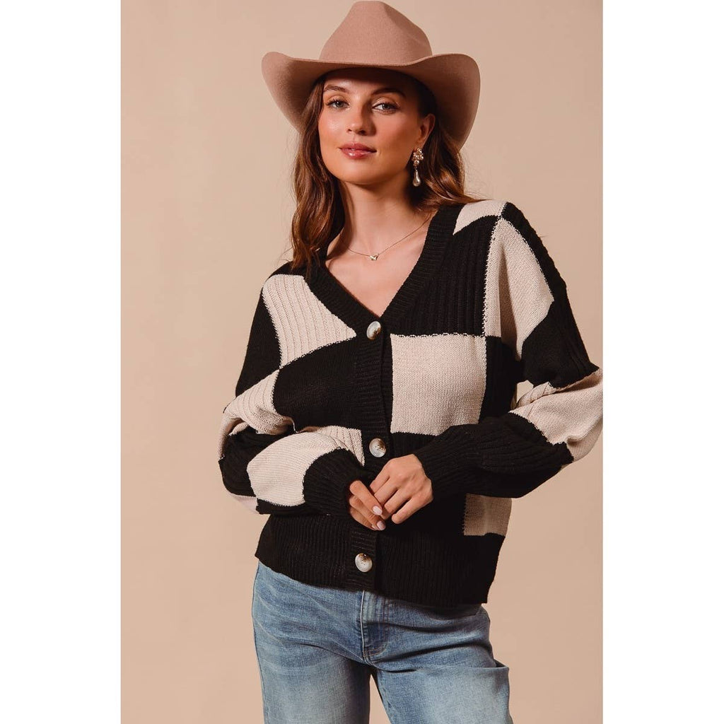 CHECKERED BUTTON FRONT TEXTURED SWEATER CARDIGAN