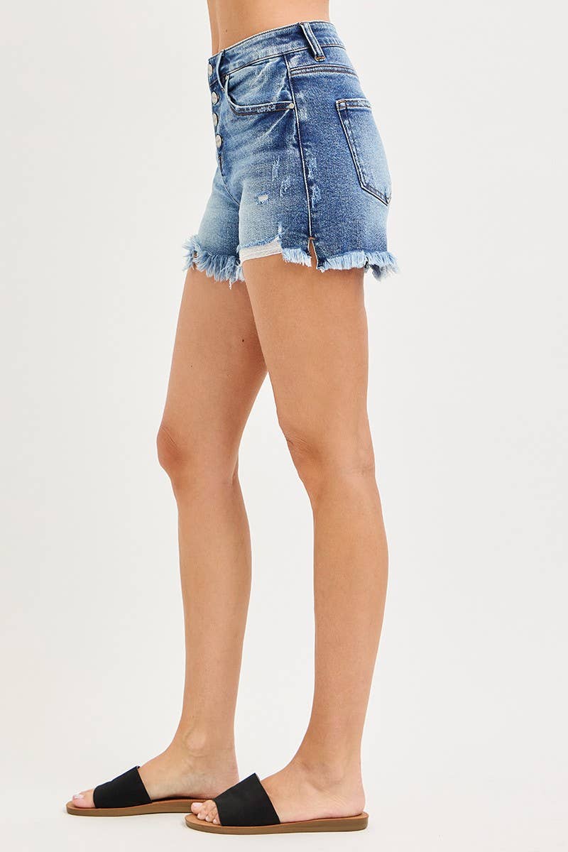 High Rise Button Down Step Side Hem Shorts