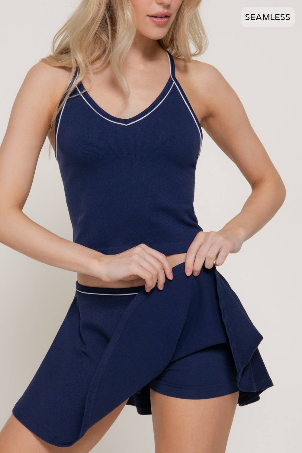 X-Back Cami Top & Flared Mini Skort Seamless Knit Set