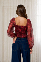 FLORAL CHIFFON SMOCKED LONG SLEEVE BLOUSE