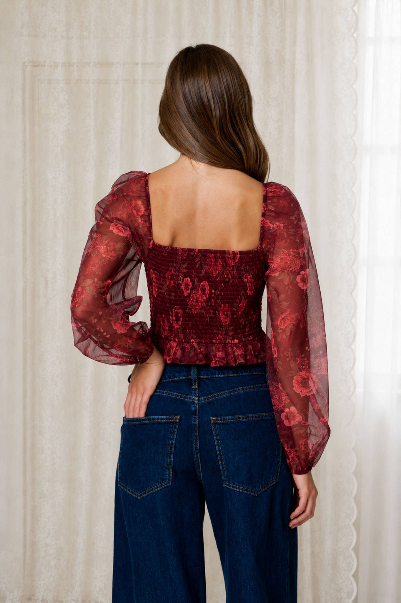 FLORAL CHIFFON SMOCKED LONG SLEEVE BLOUSE