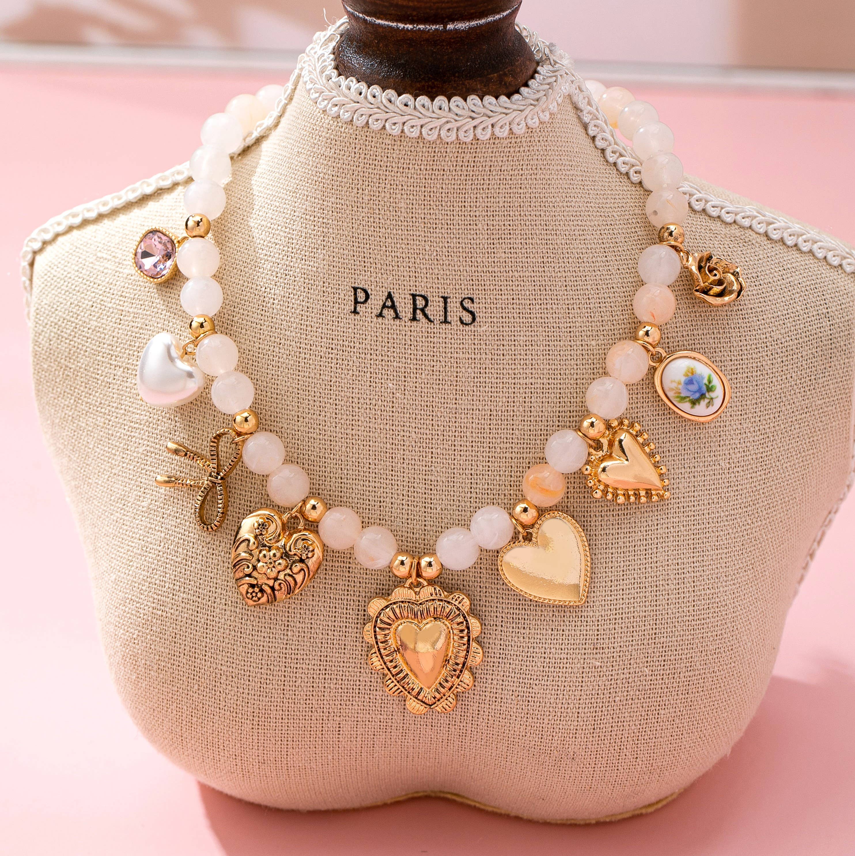 White Beaded Porcelain heart Multi-Charm Necklace | 80N92684