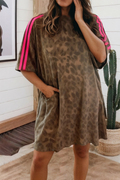 LAS Stripe Western Leopard T Shirt Pockets Mini Dress (S-XL)