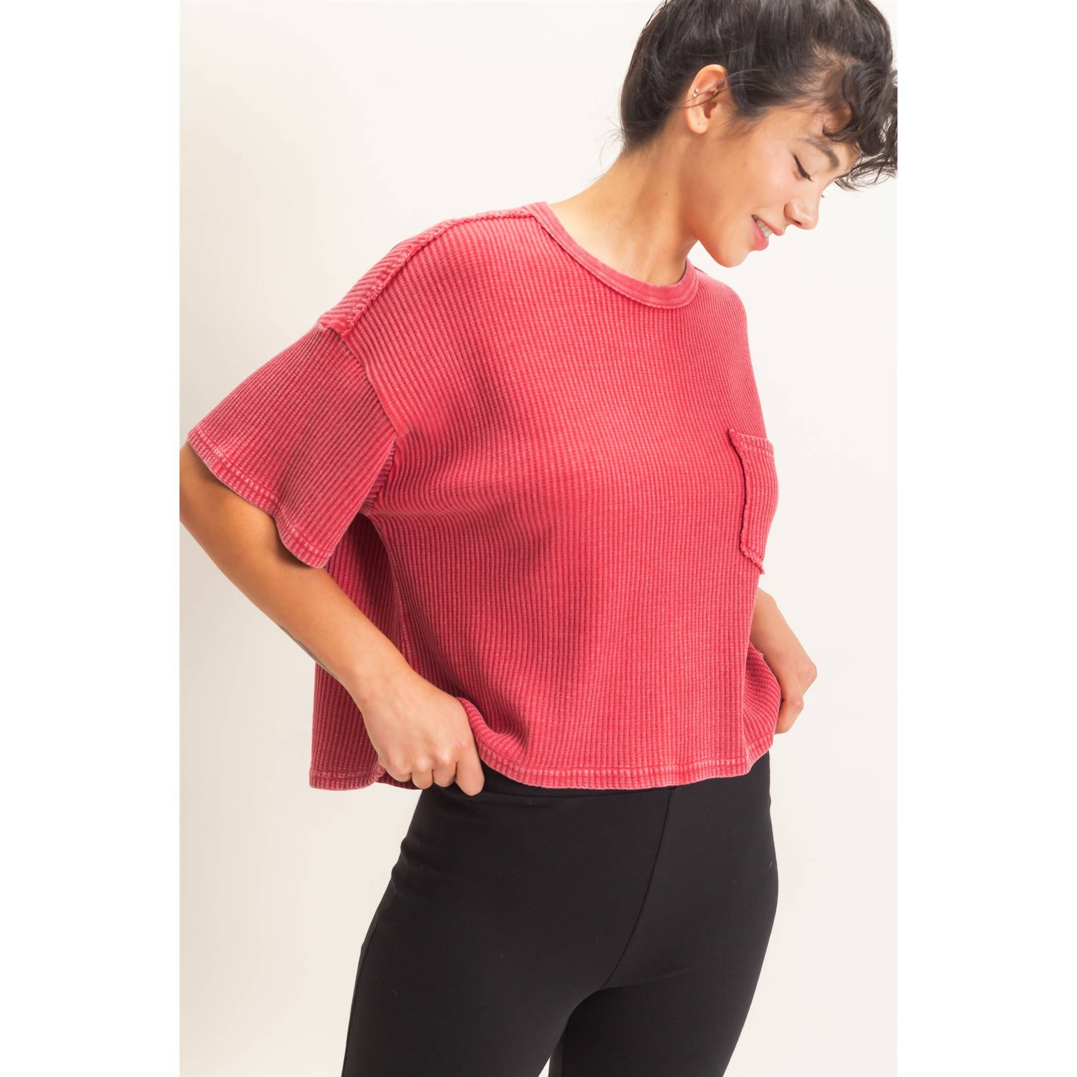 Mineral Wash Waffle Knit Pocket Top