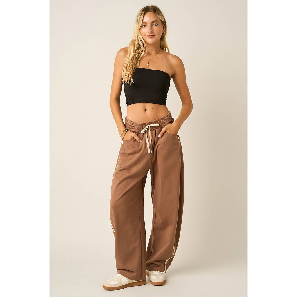LACE TRIM BARREL LEG DRAWSTRING PANTS