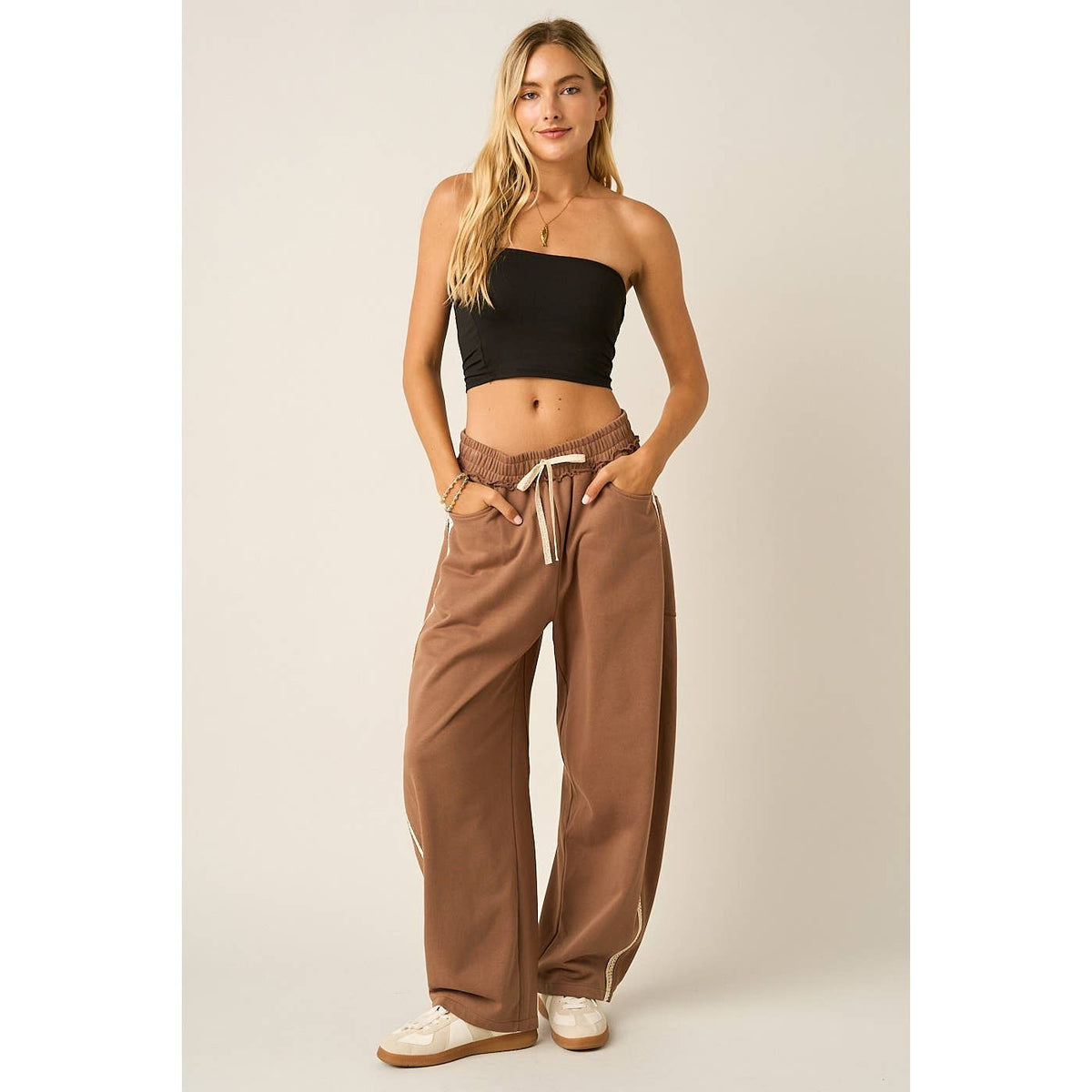 LACE TRIM BARREL LEG DRAWSTRING PANTS