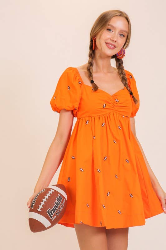 Football Embroidered Game Day Puff Sleeve Dress