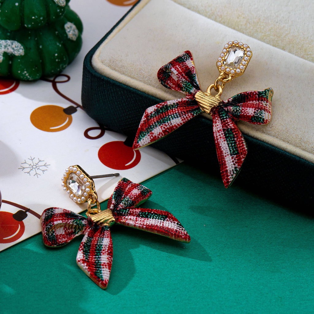 Tartan Plaid Bow & Pearl Crystal Drop Earrings | 80E63571