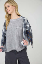 WASHED POCKET DETAIL LONG SLEEVE RIB KNIT TOP
