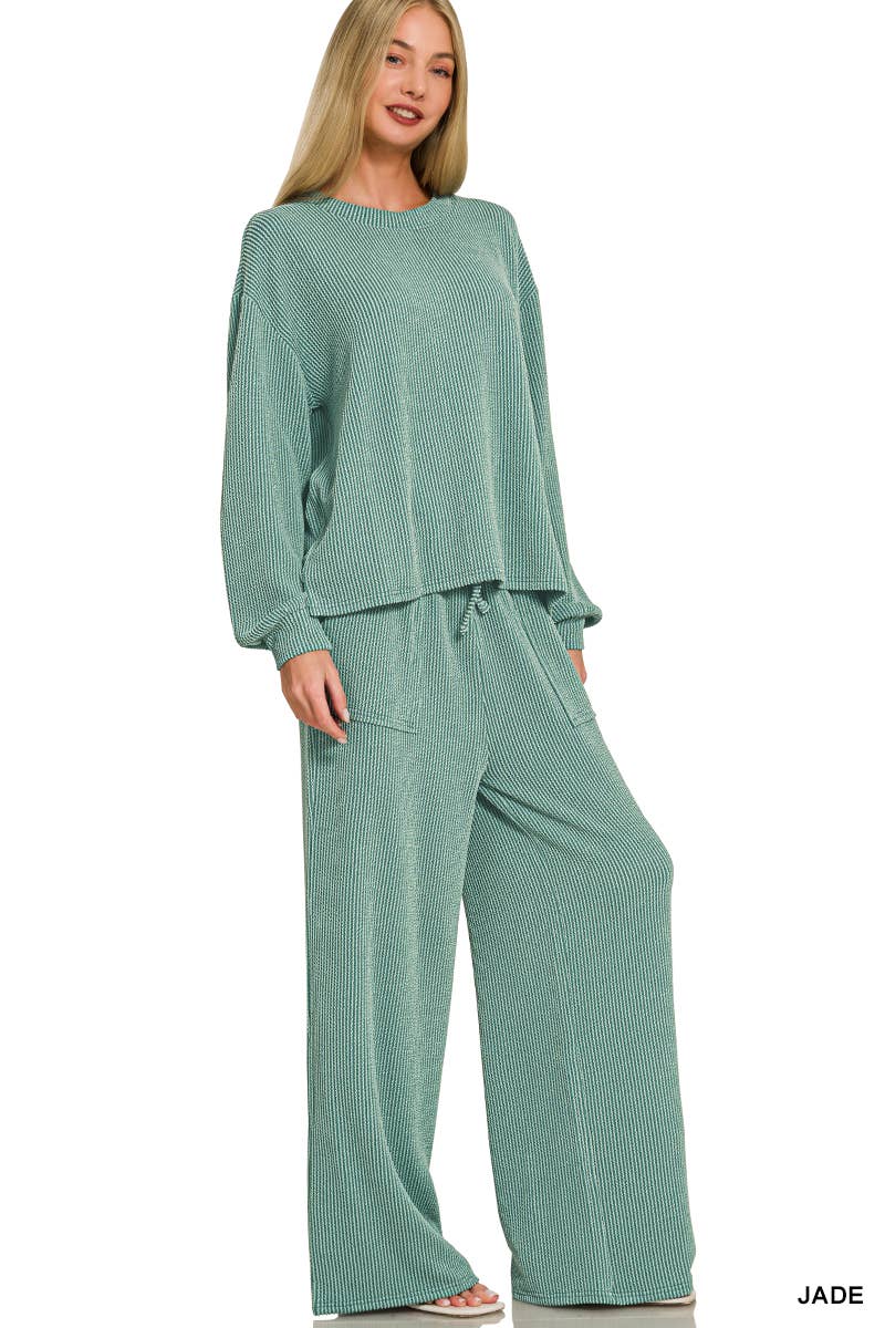 Raised Rib Round Neck Pullover & Pants 2PC Set