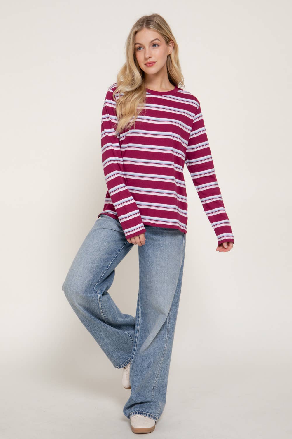Long Sleeve Crew Neck Y/D Multi Striped Knit Top